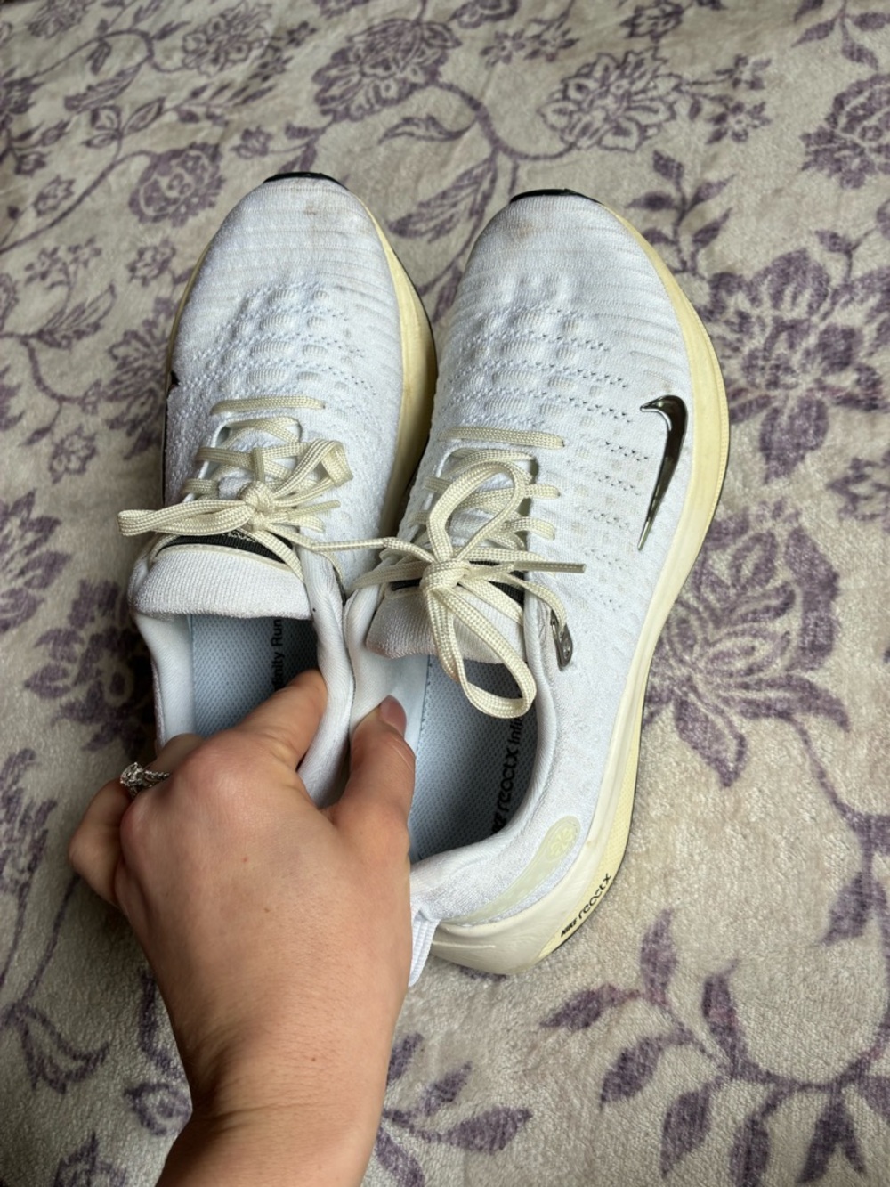 Nike Cream and White Running Sneakers with Silver Swoosh